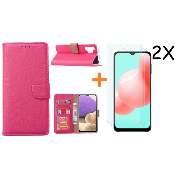 Ntech  Hoesje Geschikt Voor Samsung Galaxy A32 hoesje bookcase Pink Met screenprotector / 2X tempered glass