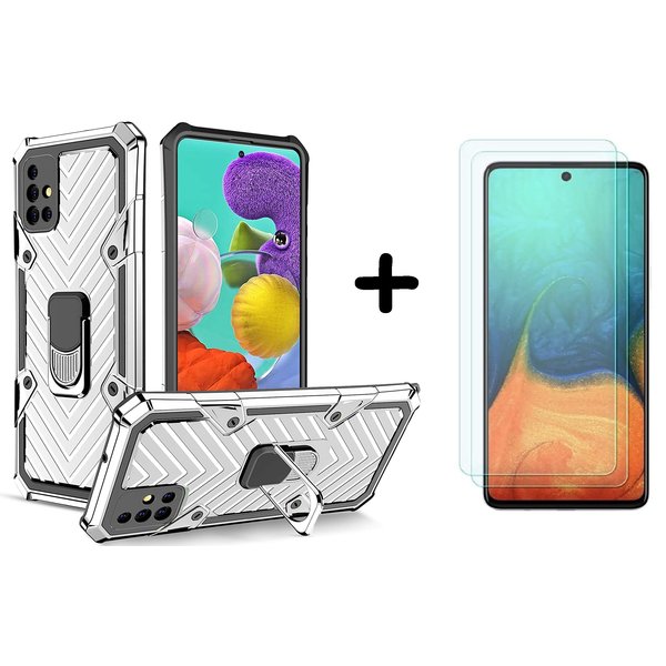 Ntech Hoesje Geschikt Voor Samsung Galaxy A21S hoesje nieuw Schokbestendige ring armor Zliver - Screenprotector Galaxy A21S 2X tempered Glass