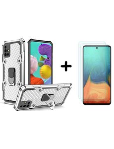 Ntech Samsung  A51 hoesje nieuw Schokbestendige ring armor Zilver - Screenprotector Galaxy A51 2X tempered Glass