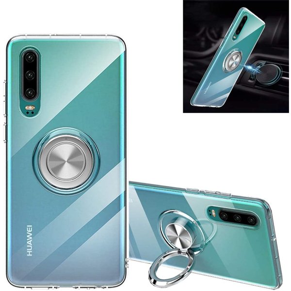 Ntech Hoesje Geschikt voor Huawei P30 Lite / P30 Lite New Edition hoesje luxe Carbon Fiber Ring houder Armor - Transparent