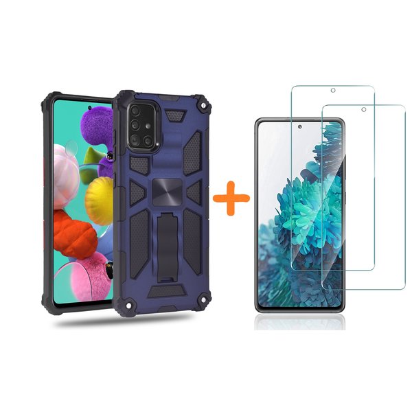 Ntech Hoesje Geschikt Voor Samsung Galaxy A51 Hoesje Military Grade Invisible Built-in Kickstand - Galaxy A51 Metal Plate, Anti-Scratch Shockproof Blauw - Screenprotector Galaxy A51-2 Pack