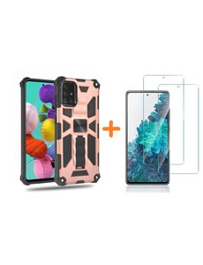 Ntech Samsung A51 Hoesje Military Grade Invisible Built-in Kickstand - Galaxy A51 Metal Plate, Anti-Scratch Shockproof Rose Goud - Screenprotector Galaxy A51-2 Pack