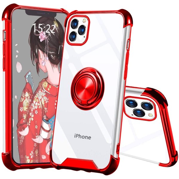 Ntech Hoesje Geschikt voor iPhone 12 / 12 Pro hoesje - Backcover met Ringhouder - Verstevigde hoeken - Transparant / Rood