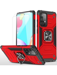 Ntech Samsung A52 Hoesje Heavy Duty Armor hoesje Rood - Galaxy A52 Case Kickstand Ring cover met Magnetisch Auto Mount- Samsung A52 screenprotector 2 pack