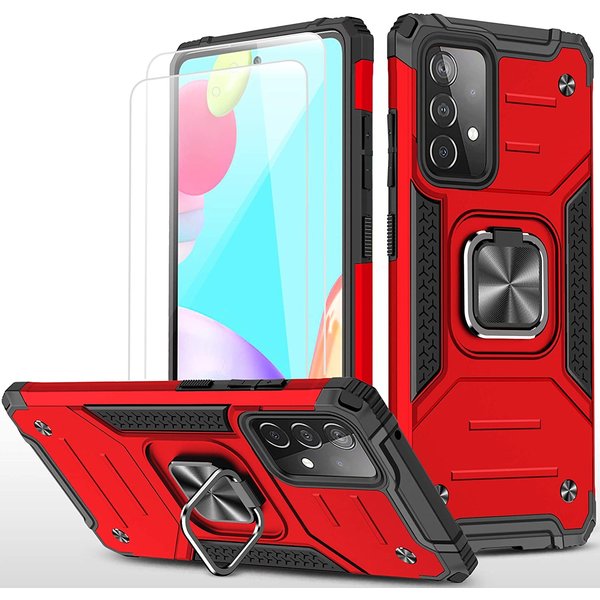 Ntech Hoesje Geschikt Voor Samsung Galaxy A52 Hoesje Heavy Duty Armor hoesje Rood - Galaxy A52 Case Kickstand Ring cover met Magnetisch Auto Mount- Hoesje Geschikt Voor Samsung Galaxy A52 screenprotector 2 pack