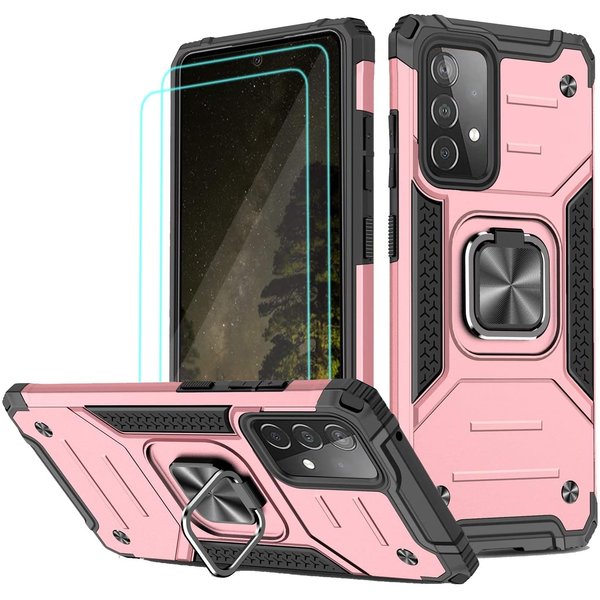 Ntech Hoesje Geschikt Voor Samsung Galaxy A52 Hoesje Heavy Duty Armor hoesje Rose Goud - Galaxy A52 Case Kickstand Ring cover met Magnetisch Auto Mount- Hoesje Geschikt Voor Samsung Galaxy A52 screenprotector 2 pack