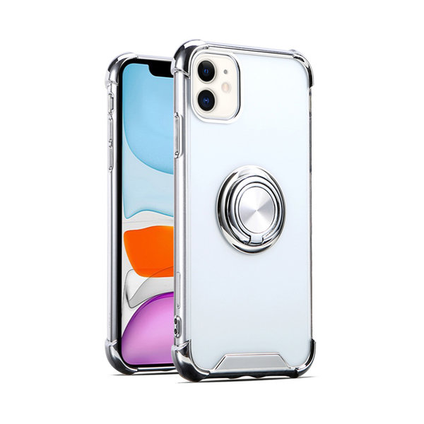 Ntech Hoesje Geschikt voor iPhone 12 Mini hoesje - Backcover met Ringhouder - Verstevigde hoeken - Transparant / Zilver