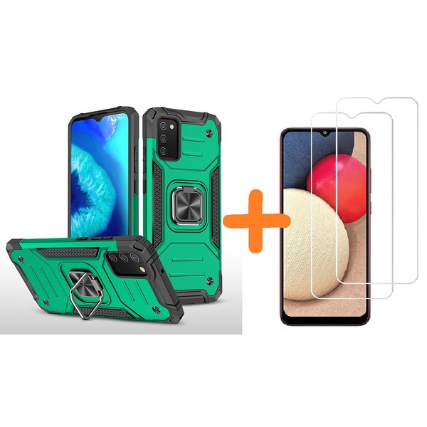 Ntech Hoesje Geschikt Voor Samsung Galaxy A02s Hoesje Heavy Duty Armor Hoesje Groen - Galaxy A02s Case Kickstand Ring cover met Magnetisch Auto Mount- Hoesje Geschikt Voor Samsung Galaxy A02s screenprotector 2 pack