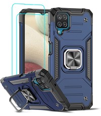 Ntech Samsung A12 Hoesje Heavy Duty Armor Hoesje Blauw - Galaxy A12 Case Kickstand Ring cover met Magnetisch Auto Mount- Samsung A12 screenprotector 2 pack