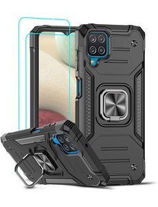 Ntech Samsung A12 Hoesje Heavy Duty Armor Hoesje Zwart - Galaxy A12 Case Kickstand Ring cover met Magnetisch Auto Mount- Samsung A12 screenprotector 2 pack