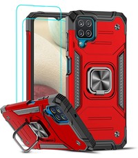 Ntech Samsung A12 Hoesje Heavy Duty Armor Hoesje Rood - Galaxy A12 Case Kickstand Ring cover met Magnetisch Auto Mount- Samsung A12 screenprotector 2 pack