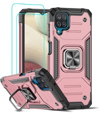 Ntech Samsung A12 Hoesje Heavy Duty Armor Hoesje Rose Goud - Galaxy A12 Case Kickstand Ring cover met Magnetisch Auto Mount- Samsung A12 screenprotector 2 pack