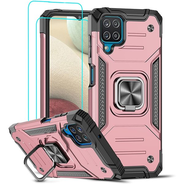 Ntech Samsung A12 Hoesje Heavy Duty Armor Hoesje Rose Goud - Galaxy A12 Case Kickstand Ring cover met Magnetisch Auto Mount- Samsung A12 screenprotector 2 pack