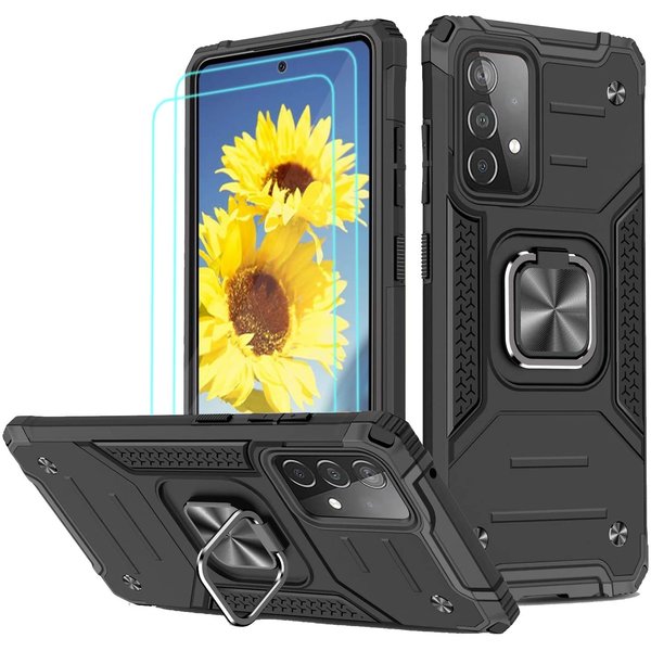 Ntech Hoesje Geschikt Voor Samsung Galaxy A72 Hoesje Heavy Duty Armor Hoesje Zwart - Galaxy A72 5G / 4G Case Kickstand Ring cover met Magnetisch Auto Mount- Hoesje Geschikt Voor Samsung Galaxy A72 screenprotector 2 pack