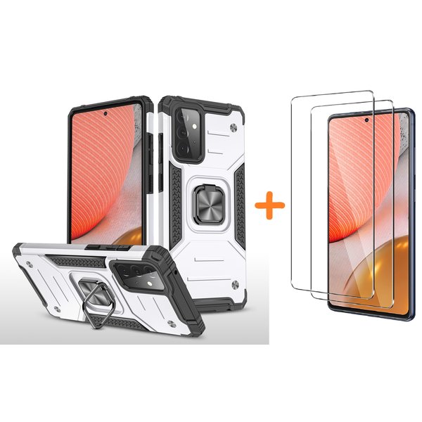 Ntech Hoesje Geschikt Voor Samsung Galaxy A72 Hoesje Heavy Duty Armor Hoesje Zliver - Galaxy A72 5G / 4G Case Kickstand Ring cover met Magnetisch Auto Mount- Hoesje Geschikt Voor Samsung Galaxy A72 screenprotector 2 pack