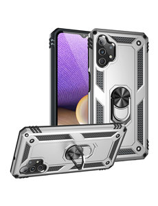 Ntech Samsung A32 Hoesje - Galaxy A32 5G Zilver hoesje Anti-Shock Hybride Armor case Ring houder TPU backcover met kickstand