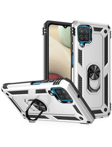 Ntech Samsung A12 Hoesje - Galaxy A12 Zilver hoesje Anti-Shock Hybride Armor case Ring houder TPU backcover met kickstand