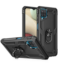 Ntech Samsung A12 Hoesje - Galaxy A12 Zwart hoesje Anti-Shock Hybride Armor case Ring houder TPU backcover met kickstand