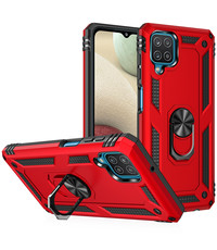 Ntech Samsung A12 Hoesje - Galaxy A12 Rood hoesje Anti-Shock Hybride Armor case Ring houder TPU backcover met kickstand