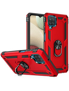 Ntech Samsung A12 Hoesje - Galaxy A12 Rood hoesje Anti-Shock Hybride Armor case Ring houder TPU backcover met kickstand