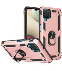 Ntech Samsung A12 Hoesje - Galaxy A12 Rose Goud hoesje Anti-Shock Hybride Armor case Ring houder TPU backcover met kickstand