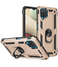 Ntech Samsung A12 Hoesje - Galaxy A12 Goud hoesje Anti-Shock Hybride Armor case Ring houder TPU backcover met kickstand