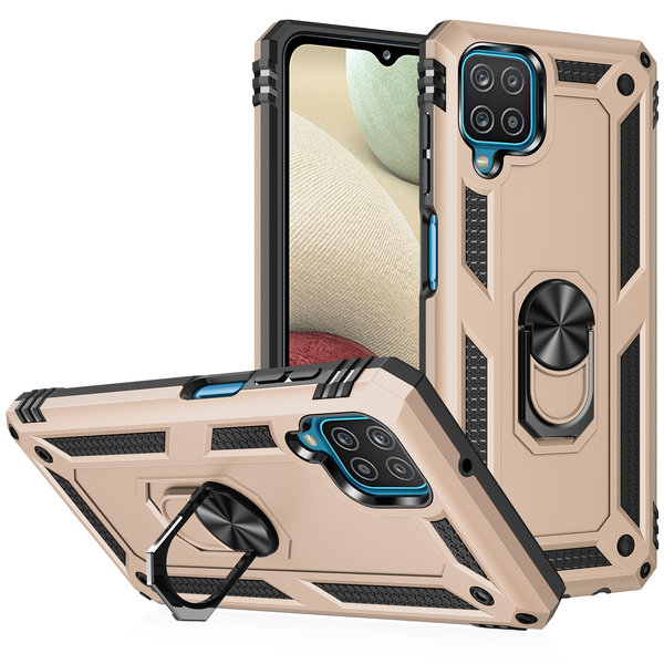 Ntech Hoesje Geschikt Voor Samsung Galaxy A12 Hoesje - Galaxy A12 Goud hoesje Anti-Shock Hybrid Armor case Ring houder TPU backcover met kickstand