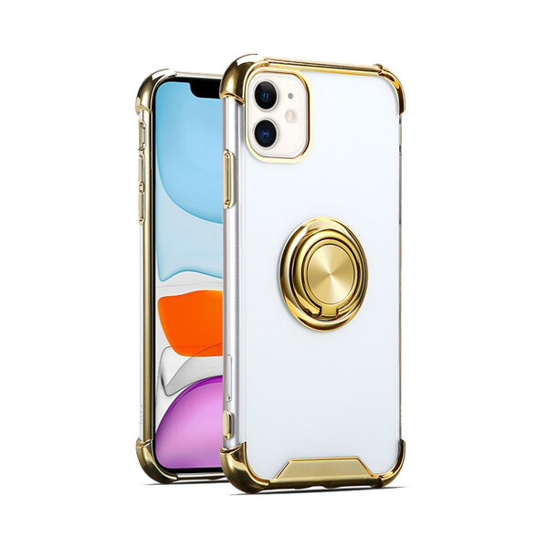 Ntech Hoesje Geschikt voor iPhone 11 Pro silicone - shock proof met Ringhouder – Transparant / Goud