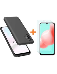 Ntech Samsung A32 hoesje - A32 4G hoesje Silicone Zwart - Galaxy A32 Liquid Silicone Soft Nano cover - 2pack Screenprotector Galaxy A32