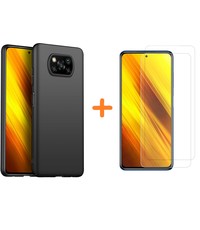 Ntech Xiaomi Poco X3 Hoesje Siliconen case Zwart cover TPU hoes met Poco X3 Screenprotector Glazen tempered glass 2 pack