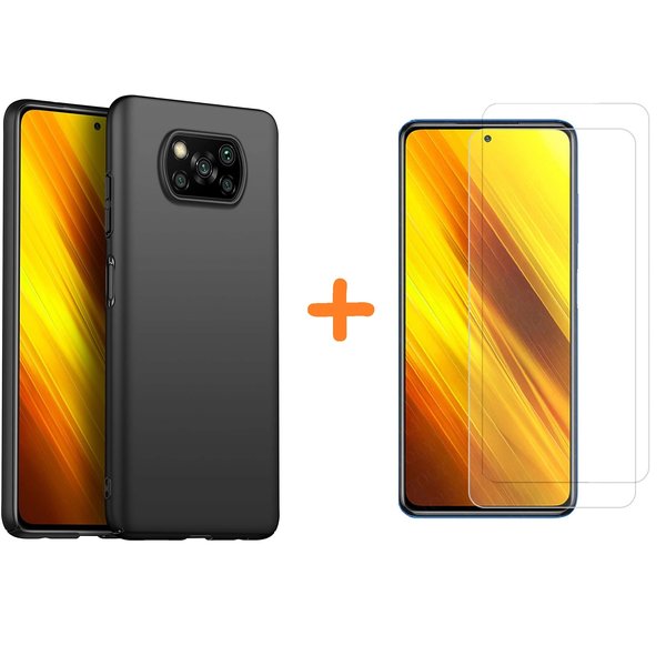 Ntech Screenprotector geschikt voor Xiaomi Poco X3 Hoesje Siliconen case Zwart cover TPU hoes met Poco X3 Screenprotector Glazen tempered glass 2 pack