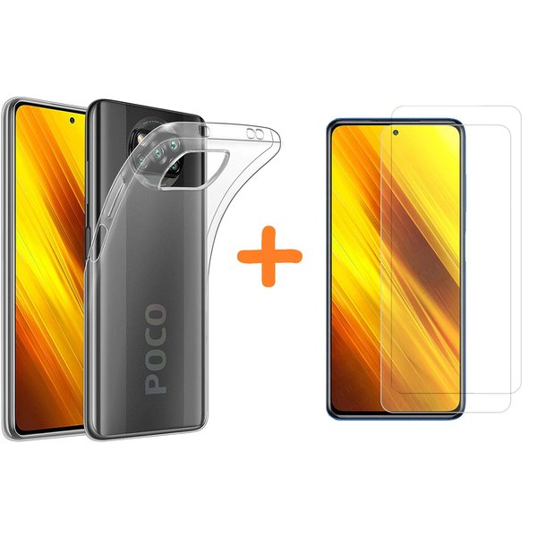 Ntech Screenprotector geschikt voor Xiaomi Poco X3 Hoesje transparant silicone hoes TPU Back Cover Met Poco X3 Screenprotector 2 pack- Transparant