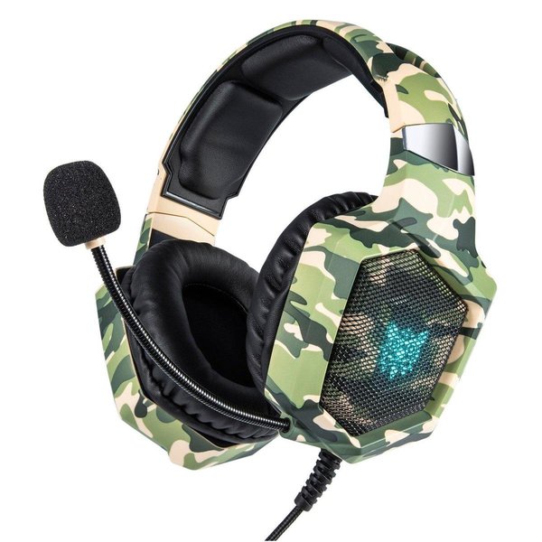 ONIKUMA K8-CAM, Gaming headset met microfoon, camouflage, LED's met RGB via USB, 1 x 3,5 mm-aansluiting en 50mm element, kabelbesturing, bedraad – groen, geel