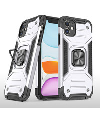 Ntech iPhone 11 Pro Max Hoesje - Heavy Duty Armor hoesje Zilver - iPhone 11 Pro Max silicone TPU hybride hoesje Kickstand ringhouder met Magnetisch Auto Mount