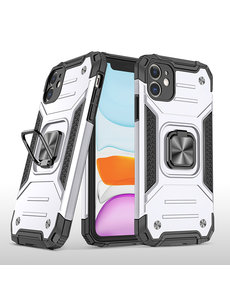 Ntech iPhone 11 Pro Max Hoesje - Heavy Duty Armor hoesje Zilver - iPhone 11 Pro Max silicone TPU hybride hoesje Kickstand ringhouder met Magnetisch Auto Mount