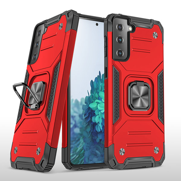 Ntech Hoesje Geschikt Voor Samsung Galaxy S21 Hoesje - Heavy Duty Armor hoesje Rood - Galaxy S21 silicone TPU hybride hoesje Kickstand ringhouder met Magnetisch Auto Mount