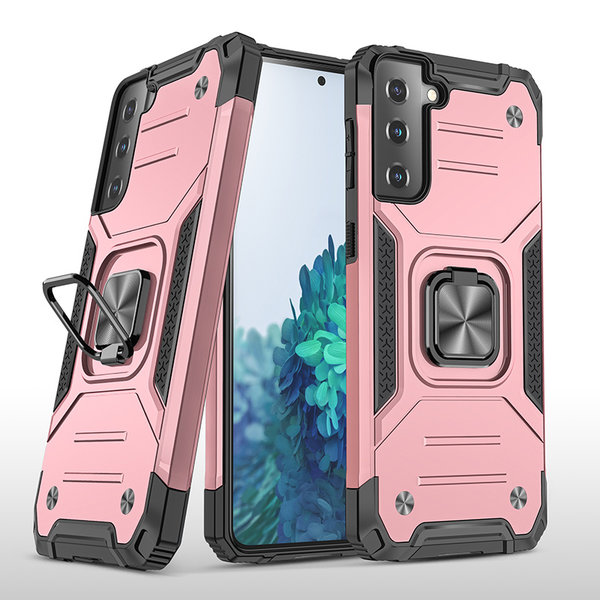 Ntech Hoesje Geschikt Voor Samsung Galaxy S21 Hoesje - Heavy Duty Armor hoesje Rose Goud - Galaxy S21 silicone TPU hybride hoesje Kickstand ringhouder met Magnetisch Auto Mount