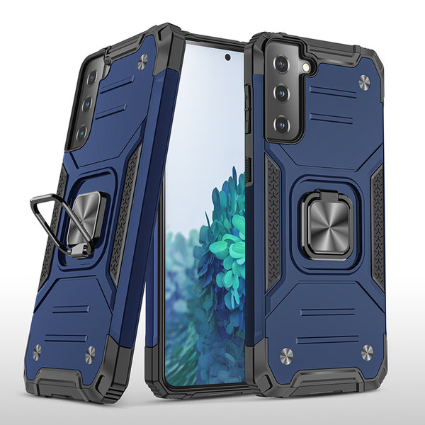 Ntech Hoesje Geschikt Voor Samsung Galaxy S21 Hoesje - Heavy Duty Armor hoesje Blauw - Galaxy S21 silicone TPU hybride hoesje Kickstand ringhouder met Magnetisch Auto Mount