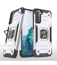 Ntech Samsung Galaxy S21 Hoesje Heavy Duty Armor met Kickstand ringhouder Zilver