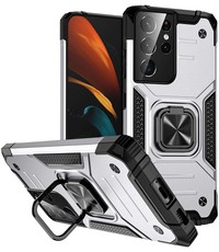 Ntech Samsung Galaxy S21 Ultra Hoesje Heavy Duty Armor met Kickstand ringhouder Zilver