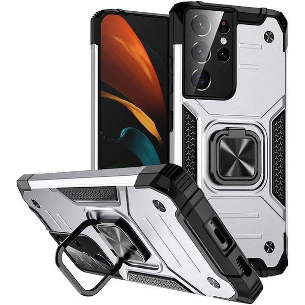 Ntech Hoesje Geschikt Voor Samsung Galaxy S21 Ultra Hoesje - Heavy Duty Armor hoesje Zilver - Galaxy S21 Ultra silicone TPU hybride hoesje Kickstand ringhouder met Magnetisch Auto Mount