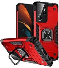 Ntech Samsung Galaxy S21 Ultra Hoesje Heavy Duty Armor met Kickstand ringhouder Rood