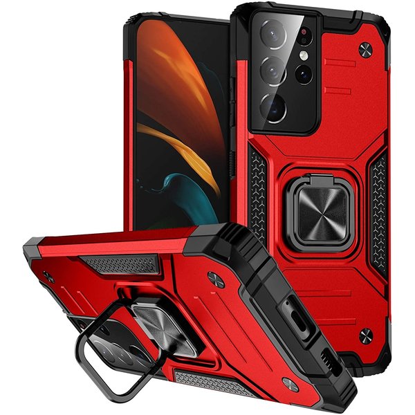 Ntech Hoesje Geschikt Voor Samsung Galaxy S21 Ultra Hoesje - Heavy Duty Armor hoesje Rood - Galaxy S21 Ultra silicone TPU hybride hoesje Kickstand ringhouder met Magnetisch Auto Mount