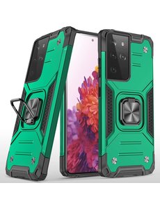 Ntech Samsung Galaxy S21 Ultra Hoesje Heavy Duty Armor met Kickstand ringhouder Groen