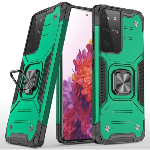 Ntech Hoesje Geschikt Voor Samsung Galaxy S21 Ultra Hoesje - Heavy Duty Armor hoesje Groen - Galaxy S21 Ultra silicone TPU hybride hoesje Kickstand ringhouder met Magnetisch Auto Mount