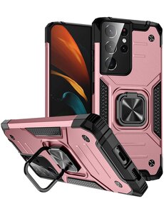 Ntech Samsung Galaxy S21 Ultra Hoesje Heavy Duty Armor met Kickstand ringhouder Rose Goud