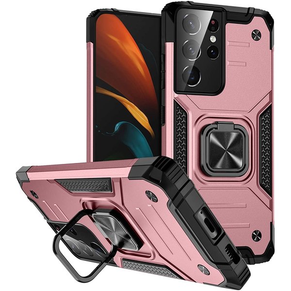 Ntech Hoesje Geschikt Voor Samsung Galaxy S21 Ultra Hoesje - Heavy Duty Armor hoesje Rose Goud - Galaxy S21 Ultra silicone TPU hybride hoesje Kickstand ringhouder met Magnetisch Auto Mount