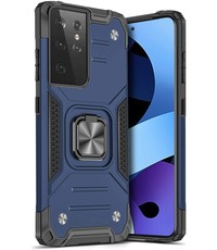 Ntech Samsung Galaxy S21 Ultra Hoesje Heavy Duty Armor met Kickstand ringhouder Blauw