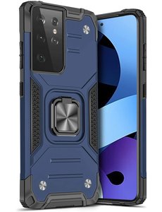 Ntech Samsung Galaxy S21 Ultra Hoesje Heavy Duty Armor met Kickstand ringhouder Blauw