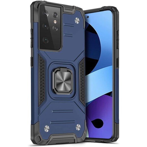 Ntech Hoesje Geschikt Voor Samsung Galaxy S21 Ultra Hoesje - Heavy Duty Armor hoesje Blauw - Galaxy S21 Ultra silicone TPU hybride hoesje Kickstand ringhouder met Magnetisch Auto Mount